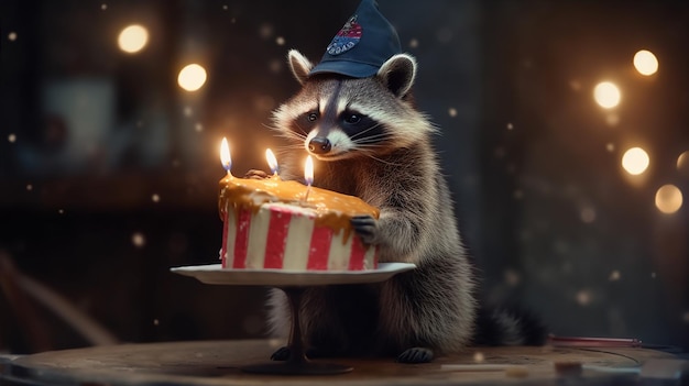 Un mapache con un pastel de cumpleaños