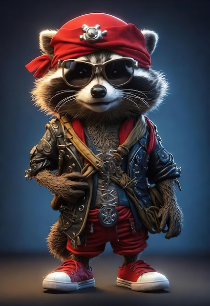 Foto mapache pirata con sombrero de pirata y gafas de sol de alta resolución