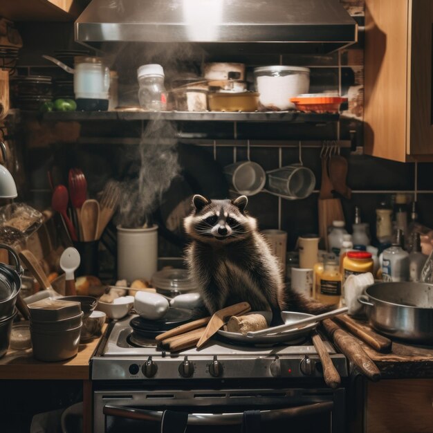 Un mapache sentado encima de una estufa en una imagen de ai generativa de cocina