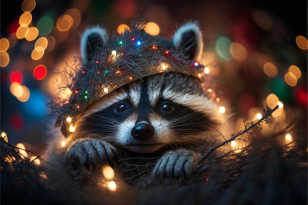 Un mapache con un sombrero de navidad con luces