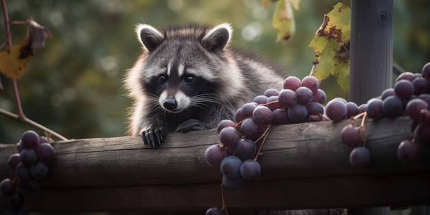 Mapache en un techo con uvas