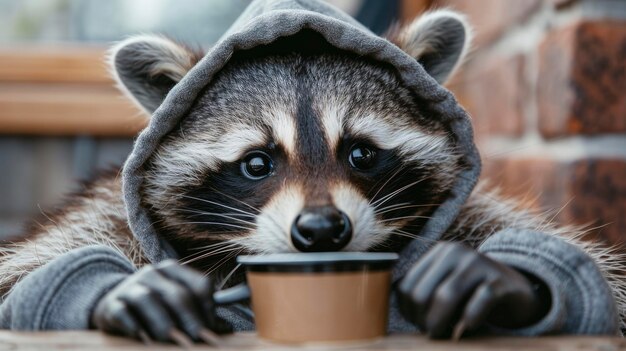 El mapaches con capucha disfrutando de una pausa para el café
