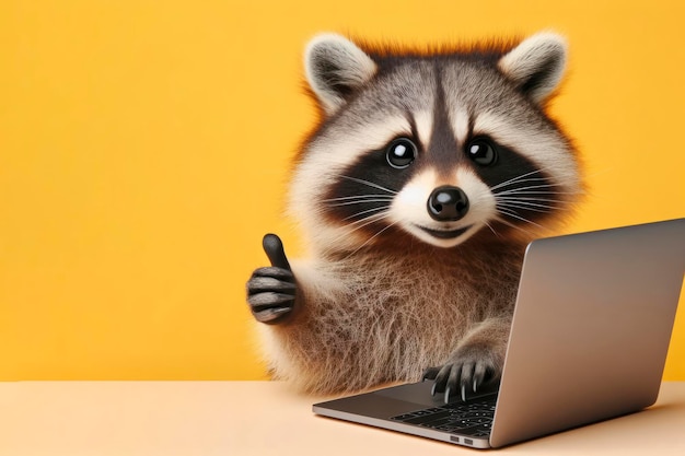 Un mapaches con una computadora portátil que muestra los pulgares hacia arriba en un fondo de color