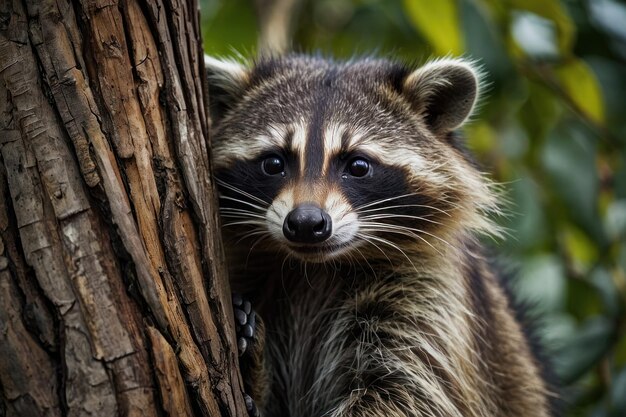 un mapaches curioso mirando desde detrás de un árbol