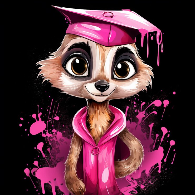 Foto mapaches de dibujos animados con una gorra de graduación rosa y una túnica generativa ai
