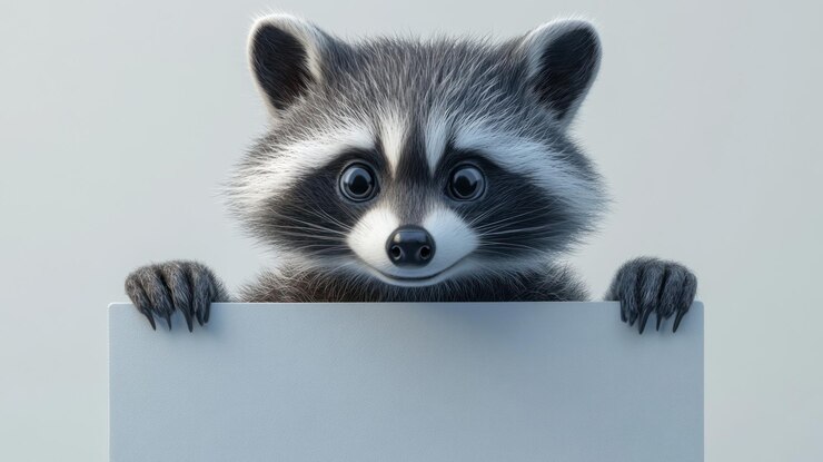 El mapaches de dibujos animados mirando por encima de un letrero en blanco
