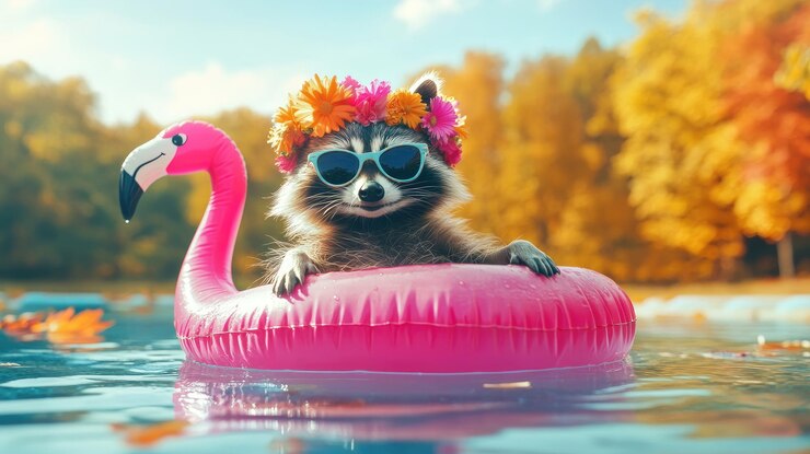 Un mapaches con elegantes gafas de sol y una vibrante corona de flores flota en un flamenco inflable
