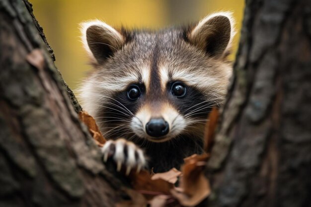 un mapaches está asomando por un agujero en un árbol