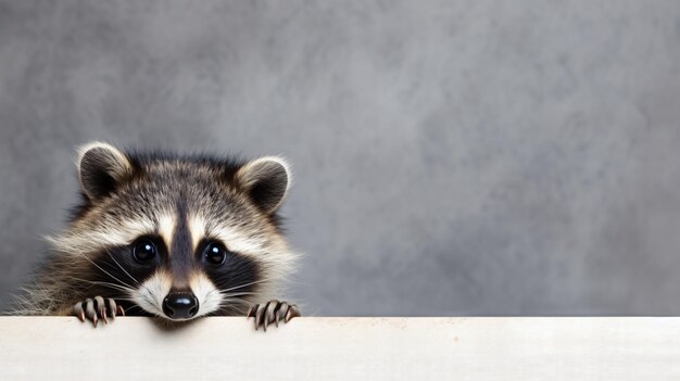 Foto un mapaches está mirando por encima de una repisa