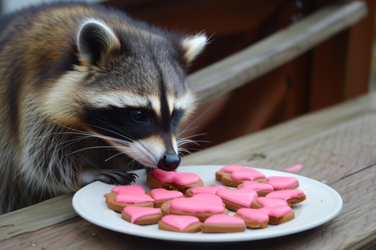 Foto el mapaches olfateando galletas en forma de corazón en un plato