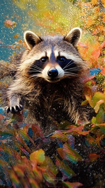 Foto un mapaches está de pie en un charco de agua.