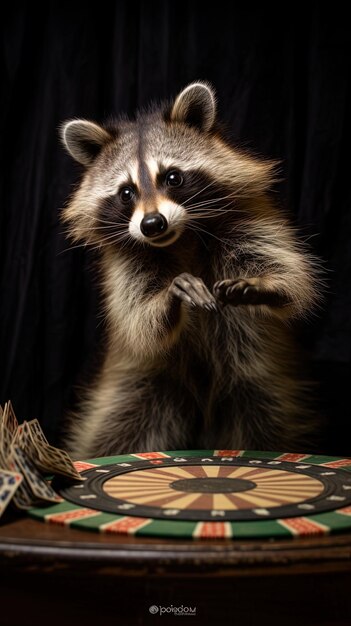 Foto un mapaches está de pie en una mesa y está mirando a la cámara