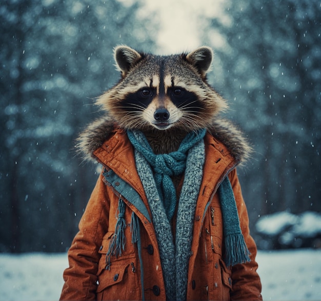 Foto un mapaches está de pie en la nieve en una chaqueta