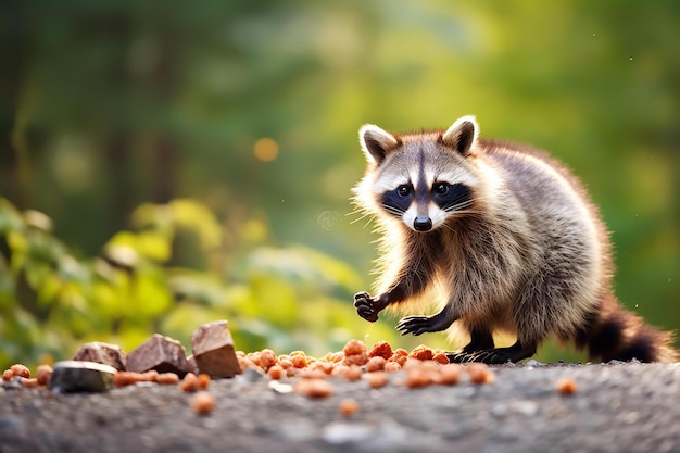 Foto mapaches robando comida de un picnic afuera