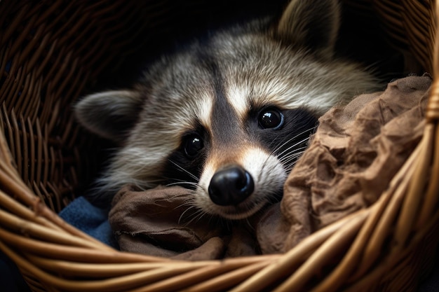 Foto el mapaches se sienta en una canasta y mira a la cámara