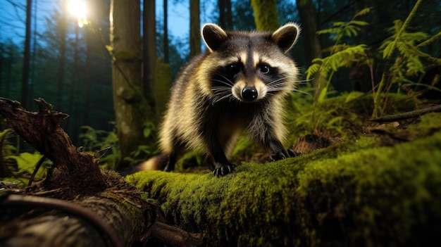 un mapaches se sienta en un tronco de musgo en un bosque