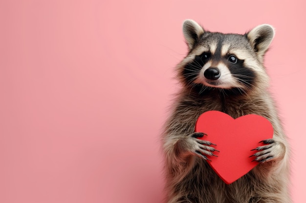 El mapaches sostiene un corte de corazón rojo contra un fondo rosado