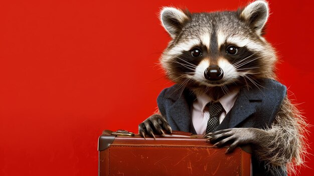 Foto un mapaches con traje y corbata está de pie sobre un fondo rojo el mapaches está sosteniendo un maletín en sus patas