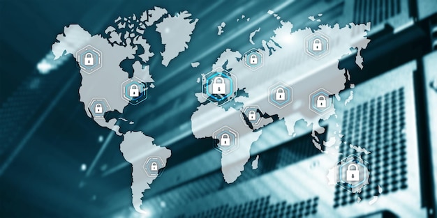 Mapas do mundo conceito global de segurança cibernética comunicação privacidade proteção de dados fundo da sala do servidor