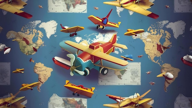 Mapas e aviões de brinquedo em fundo azul