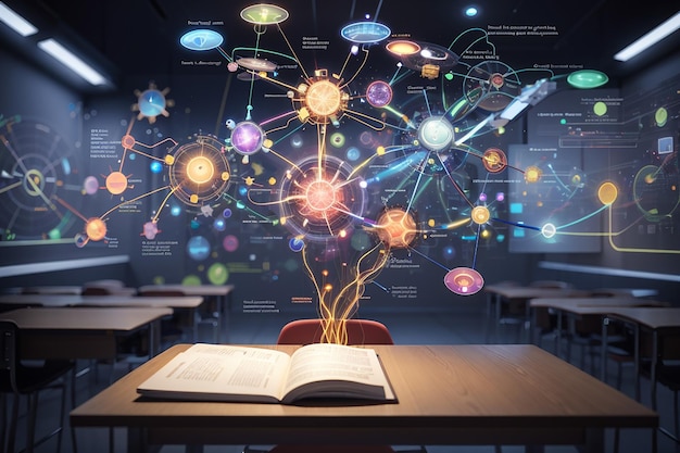 Mapas mentales futuristas en el aula que visualizan conceptos complejos