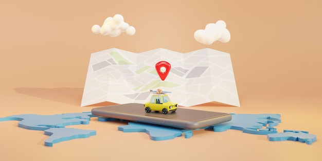 Mapas de navegación para automóviles en teléfonos inteligentes, navegación por puntos Gps, forma de viaje, renderizado 3d