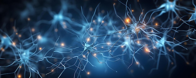 Mapeo de la red neuronal Ilustración de fondo azul del sistema de neuronas de las células nerviosas y las conexiones de sinapsis para la generación de IA Concepto Ilustración De La Red Neuronal