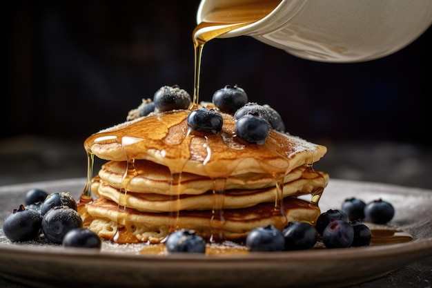 Maplesirup auf hausgemachte Pfannkuchen mit Blaubeeren auf schwarzem Hintergrund gießen