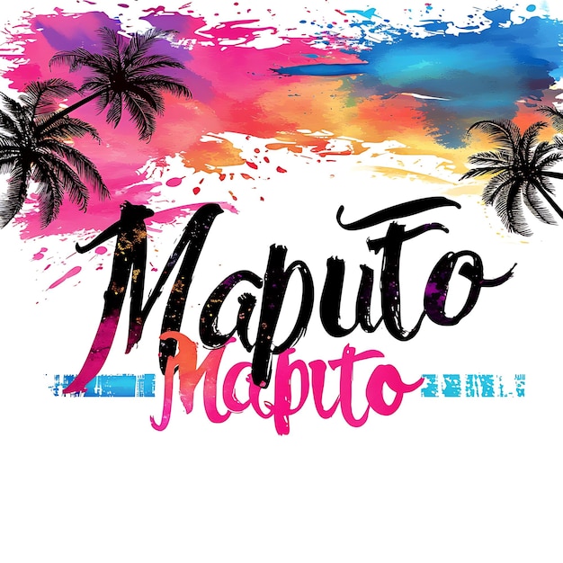 Maputo-Text mit tropisch inspirierter Pinselschrift Typografie D Aquarell Lanscape Arts Collection