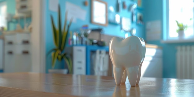Maqueta 3D de modelo de diente con instrumentos dentales en una mesa de la clínica