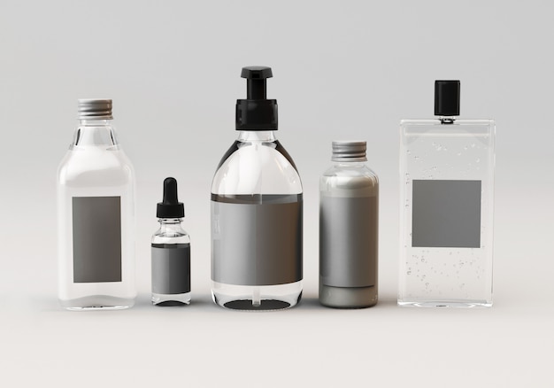 Maqueta 3D Render de un conjunto de botellas para el cuidado