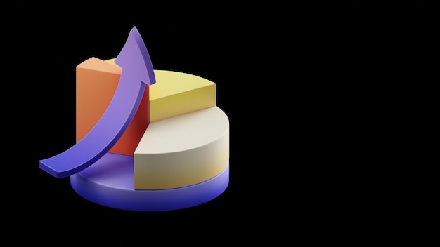 Una maqueta 3D renderizada de gráfico de pie para informes financieros y análisis de inversiones divididas altas y bajas