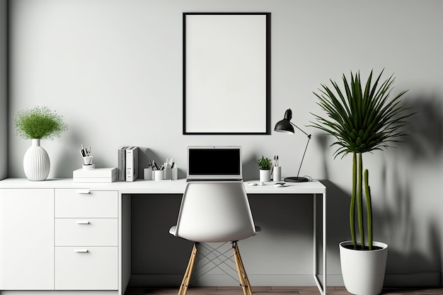 Maqueta de un área de escritorio u oficina en el hogar con una sola mesa blanca, una silla y una pared