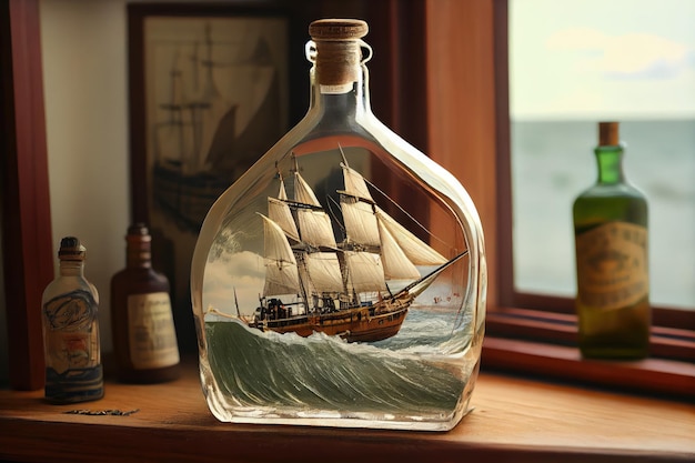 Maqueta de barco en botella sobre mesa de madera con vista al océano