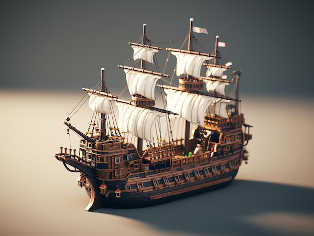 Maqueta de un barco de madera con velas blancas.