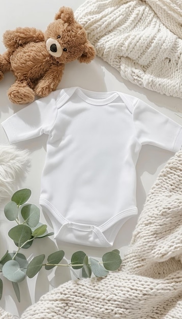 Foto maqueta de un bebé con un oso de peluche y una rama de eucalipto sobre un fondo de manta blanca