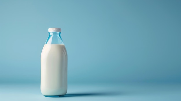 Maqueta de bebida de leche realista Botella transparente con leche blanca sobre fondo azul