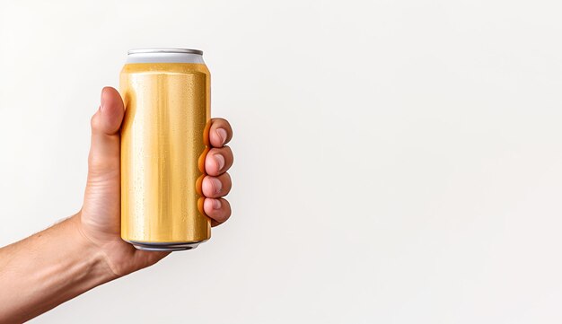 Foto maqueta de bebidas una mano sostiene una lata de metal de color amarillo para bebidas aisladas en un fondo blanco