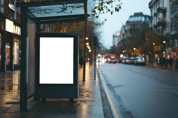 Maqueta blanca en blanco de una parada de autobús cartelera vertical frente a un fondo de calle vacío