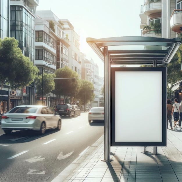 Maqueta blanca en blanco de una valla publicitaria de parada de autobús en la calle vacía Caddebostan ai generativo