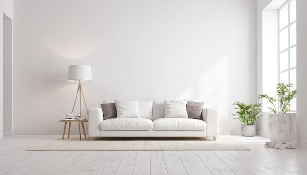Una maqueta blanca de pared en una galería vacía moderna soleada renderizada en 3D Una maqueta de gran soporte en un museo