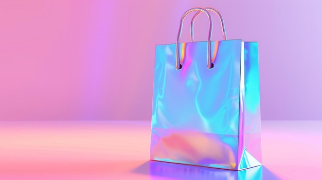 Maqueta en blanco de una bolsa de compras holográfica con manijas holográficas