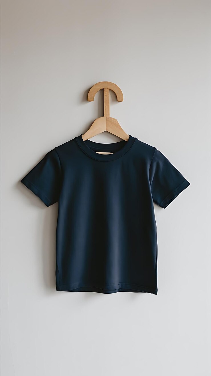 Maqueta en blanco de camiseta azul sobre fondo leñoso Maqueta de doble lado Lado delantero y trasero espacio en blanco