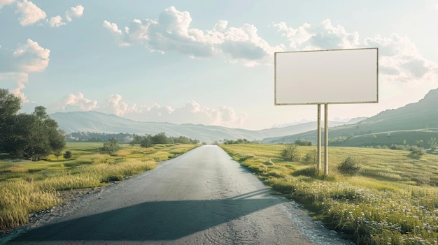 Foto maqueta en blanco de una cartelera en una carretera de campo con un hermoso telón de fondo de campo