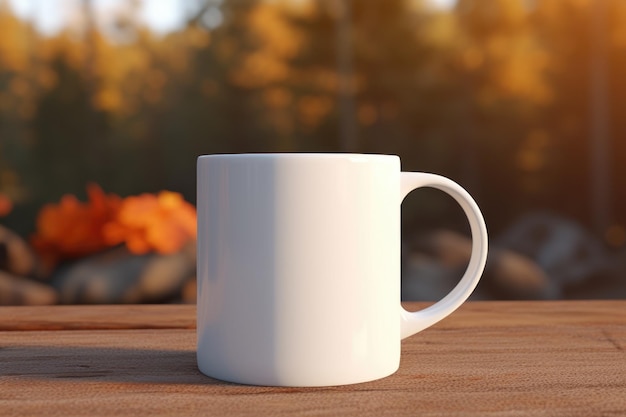 Maqueta en blanco de taza de café de cerámica blanca en un fondo de bosque natural