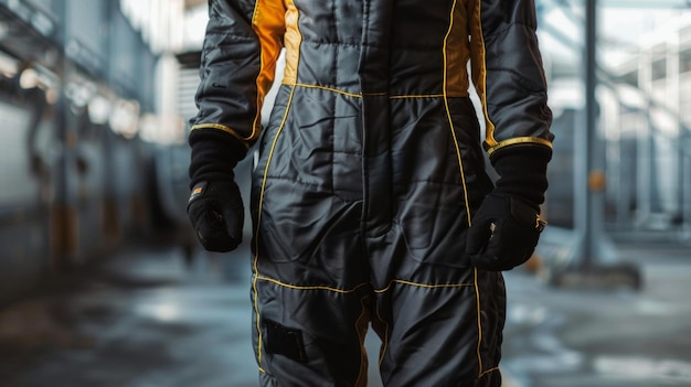Maqueta en blanco de un traje de piloto de coches de carreras con parches publicitarios personalizados