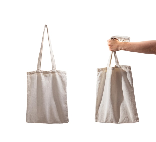 Foto maqueta de bolsa de algodón natural aislada sobre fondo blanco maqueta de bolsa de algodón para compradores en lienzo