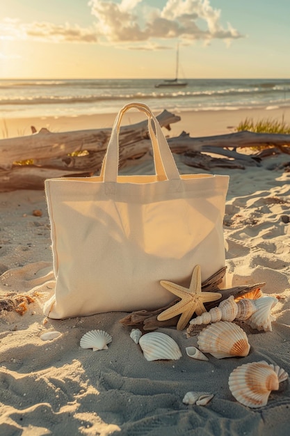 Foto maqueta de una bolsa en una playa