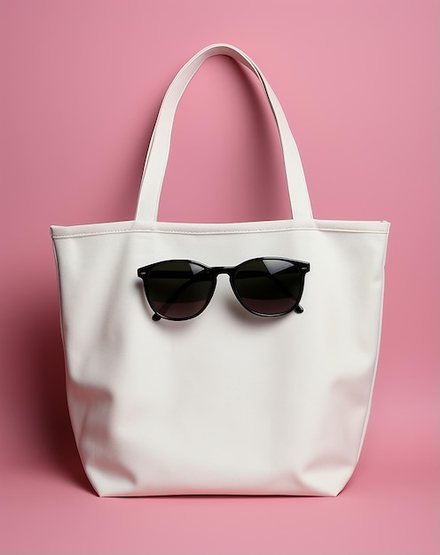 Foto maqueta de un bolso de mano blanco y gafas sobre fondo rosa con bla