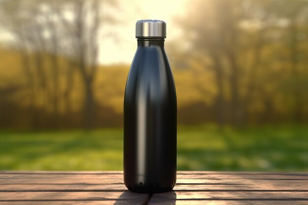 Maqueta de una botella de agua termo metálica de acero reutilizable húmeda sobre una mesa de madera